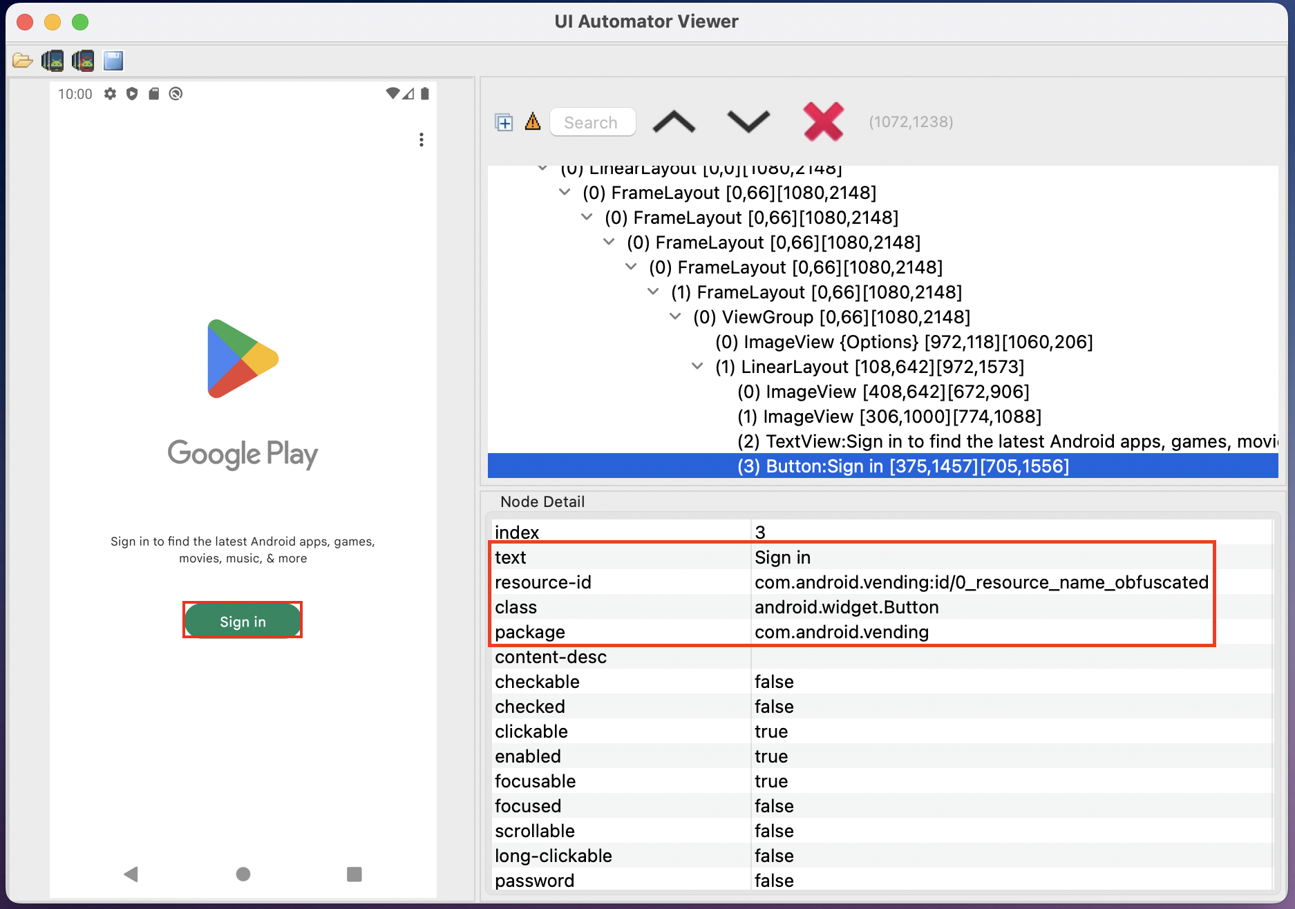 UiAutomatorViewer button info